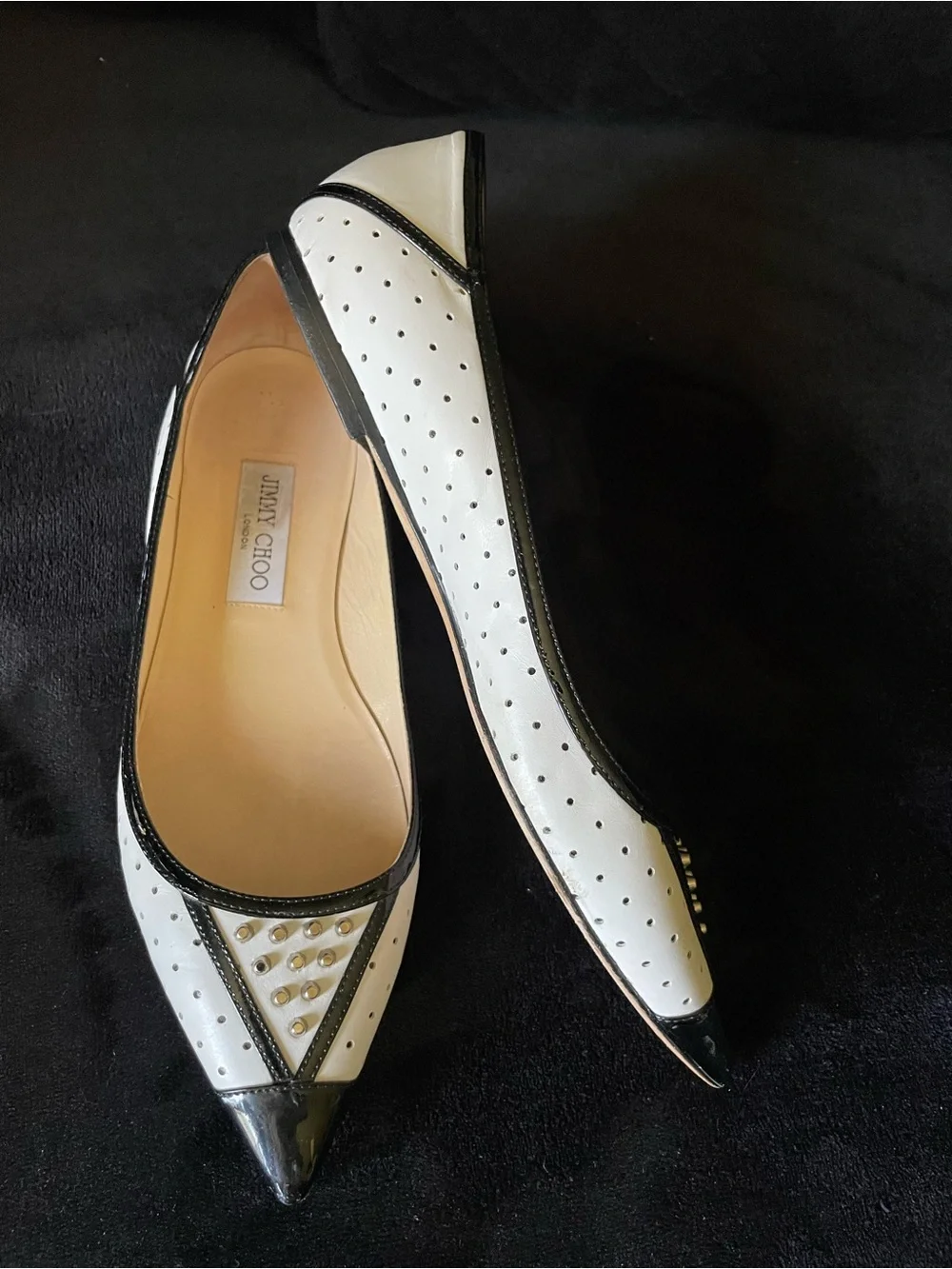 Jimmy Choo Black and White Studded Pointed Flats